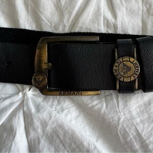 Armani-Inspired Black Leather Belt – Vintage Brass Buckle & Logo Medallions
